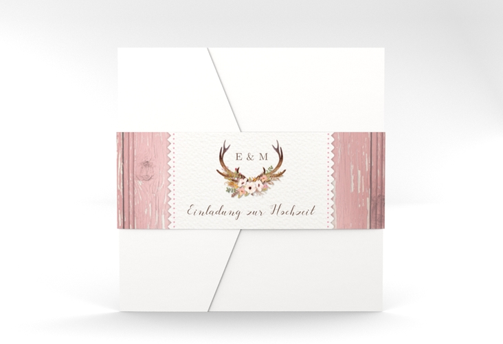 Hochzeitseinladung Heimatjuwel Pocketfold rosa mit Hirschgeweih und Holz-Hintergrund