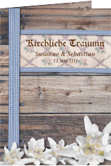 Klick: Details zu Kirchenheft Hochzeit "Bayern" anzeigen Kirchenheft Hochzeit Bayern A5 Klappkarte hoch blau mit Edelweiß in rustikaler Holz-Optik
