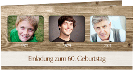 Einladung 60. Geburtstag Michael/Michaela lange Klappkarte quer im rustikalen Holz-Design mit Foto