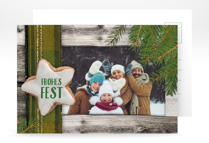 Weihnachtskarte Zimtstern A6 Postkarte gruen in rustikaler Holz-Optik mit Foto