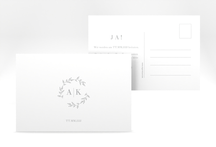 Save the Date-Postkarte Filigrana A6 Postkarte in reduziertem Design mit Initialen und zartem Blätterkranz