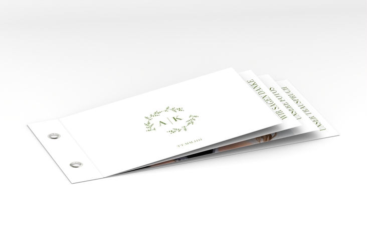 Danksagungskarte Filigrana Booklet gruen in reduziertem Design mit Initialen und zartem Blätterkranz