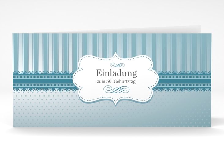 Einladung 50. Geburtstag Heinrich/Henriette lange Klappkarte quer mit frechen Polka Dots