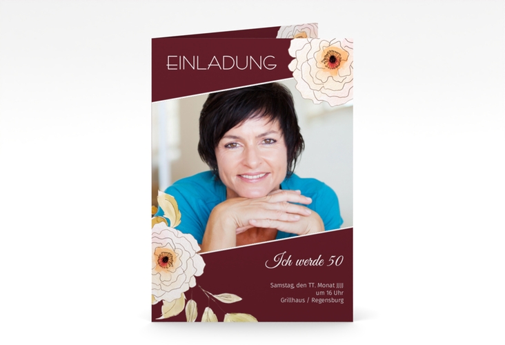 Einladung 50. Geburtstag Fleur A6 Klappkarte hoch rot