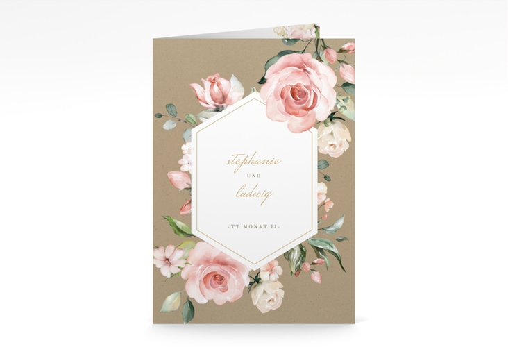 Kirchenheft Hochzeit Graceful A5 Klappkarte hoch Kraftpapier hochglanz mit Rosenblüten in Rosa und Weiß