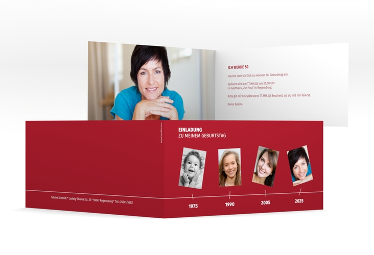 Einladung 50. Geburtstag Timeline lange Klappkarte quer rot hochglanz
