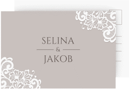 Klick: Details zu Antwortkarte Hochzeit "Vintage" anzeigen Antwortkarte Hochzeit Vintage A6 Postkarte grau mit floraler Spitze