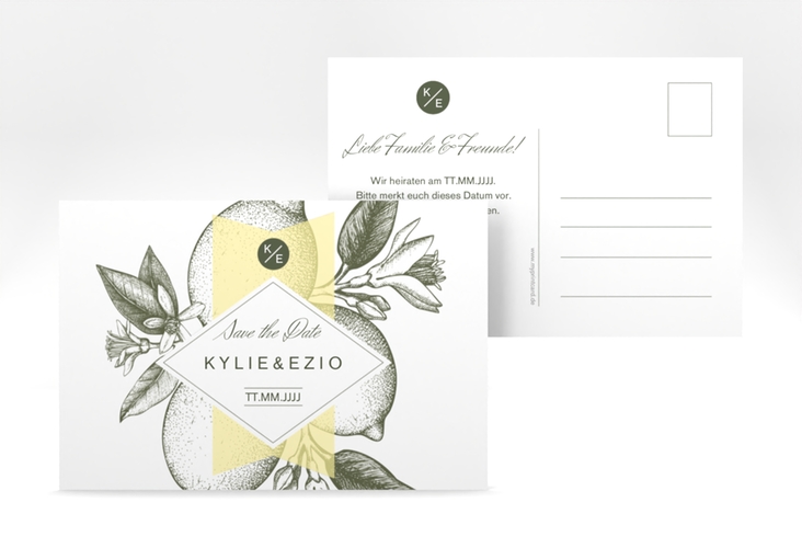 Save the Date-Postkarte Lemon A6 Postkarte mit mediterranem Zitronen-Kupferstich