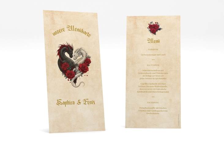 Menükarte Hochzeit Drachenliebe lange Karte hoch mit schwarzem und weißem Drachen zu einem Herz verschlungen