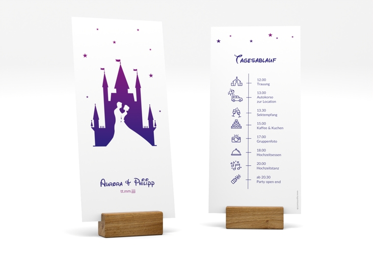 Tagesablauf Hochzeit Castle lange Karte hoch lila hochglanz