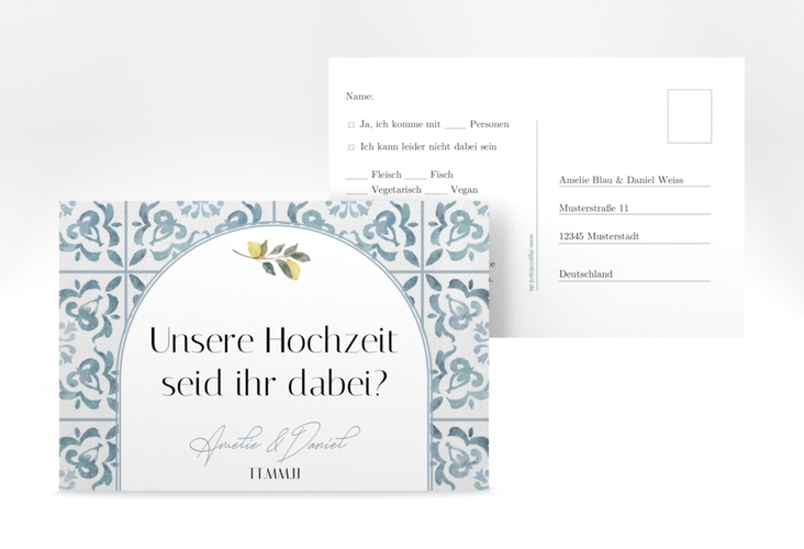 Antwortkarte Hochzeit Azulejo A6 Postkarte blau mit mediterranem Azulejo-Muster und Zitronen