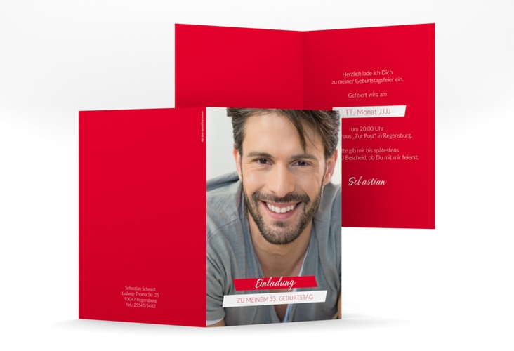Einladung Geburtstag Happy A6 Klappkarte hoch rot hochglanz