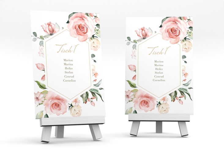 Tischaufsteller Hochzeit Graceful Tischaufsteller weiss hochglanz mit Rosenblüten in Rosa und Weiß
