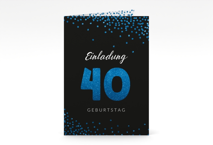 Einladung 40. Geburtstag Glitzer A6 Klappkarte hoch blau hochglanz