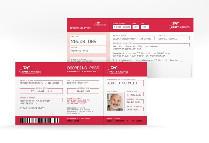 Einladung 70. Geburtstag Boardingpass lange Karte quer rot hochglanz