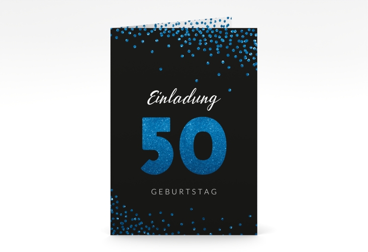 Einladung 50. Geburtstag Glitzer A6 Klappkarte hoch blau
