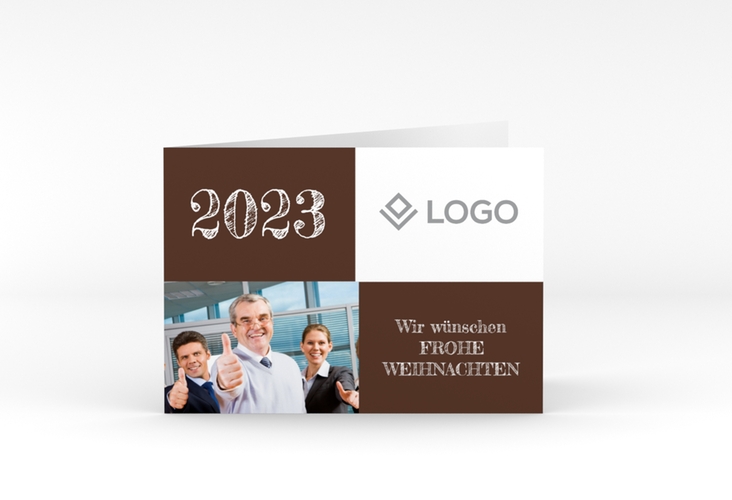 Geschäftliche Weihnachtskarte Partner A6 Klappkarte quer braun hochglanz modern mit Logo Ihrer Firma