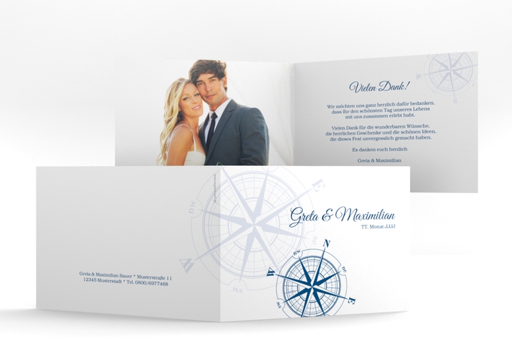 Dankeskarte Hochzeit Windrose A6 Klappkarte quer blau hochglanz