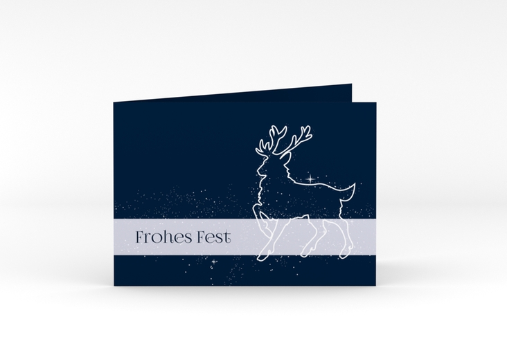 Weihnachtskarte Winterzauber A6 Klappkarte quer blau hochglanz mit Rentier und Sternenhimmel