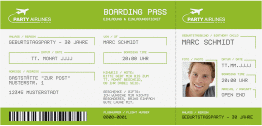 Einladung 30. Geburtstag Boardingpass lange Karte quer gruen im Flugticket-Design