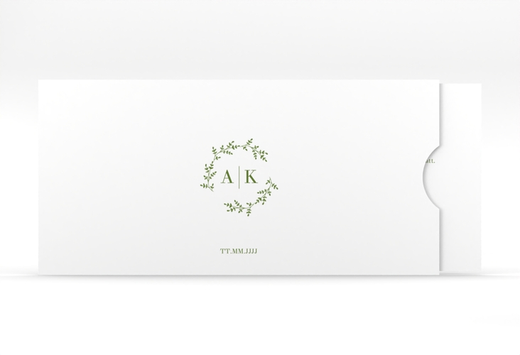 Hochzeitseinladung Filigrana Einsteckkarte gruen in reduziertem Design mit Initialen und zartem Blätterkranz