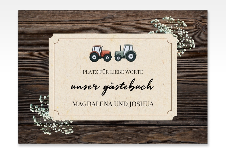 Gästebuch A4 quer Bauernhochzeit A4 quer, Hardcover braun in rustikaler Holz-Optik mit Schleierkraut und zwei kleinen Traktoren