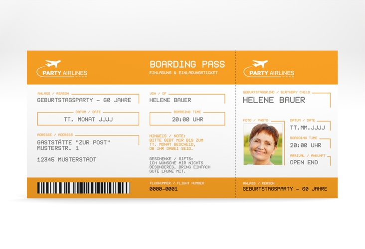 Einladung 60. Geburtstag Boardingpass lange Karte quer orange hochglanz