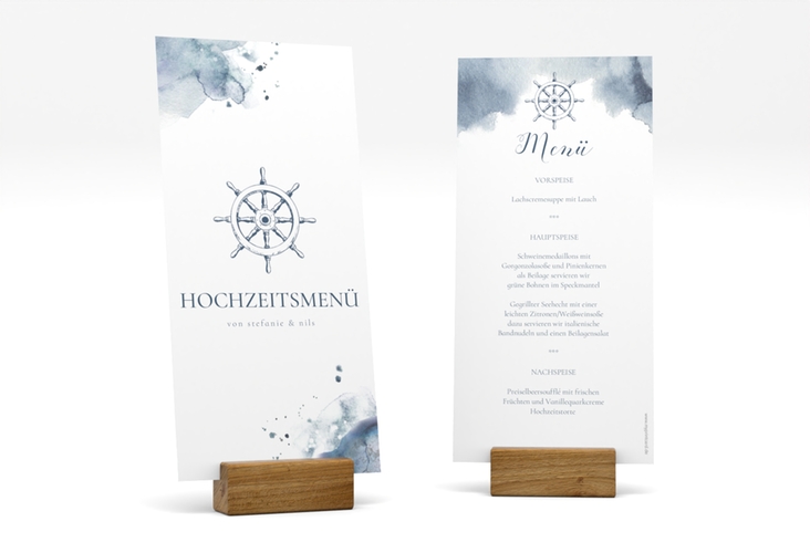 Menükarte Hochzeit Steuerrad lange Karte hoch in maritimen Blautönen