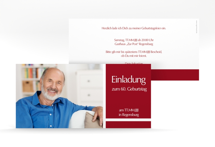 Einladung 60. Geburtstag Gerd/Gerda lange Karte quer rot hochglanz mit Foto
