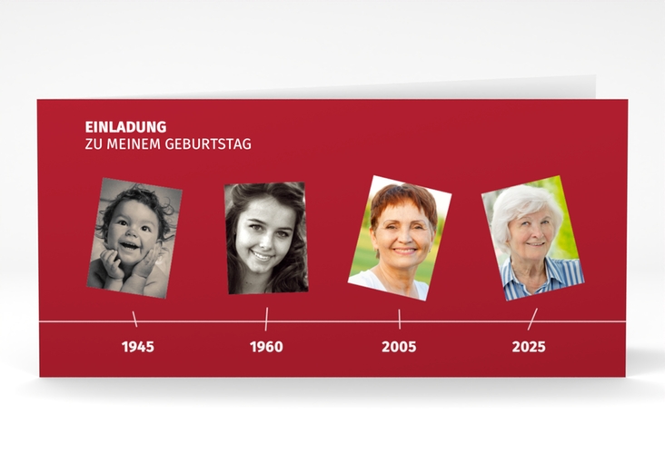 Einladung 80. Geburtstag Timeline lange Klappkarte quer rot hochglanz