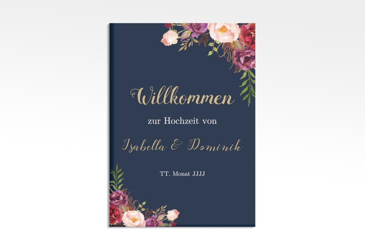 Willkommensschild Leinwand Flowers 50 x 70 cm Leinwand blau mit bunten Aquarell-Blumen