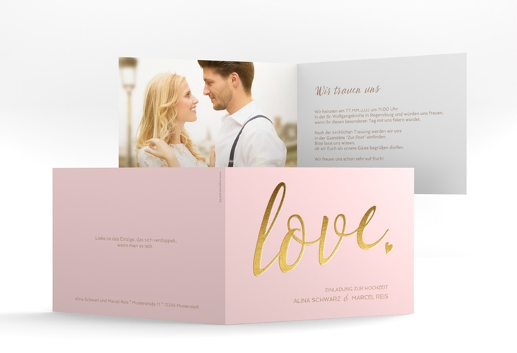 Hochzeitseinladung Glam A6 Klappkarte quer rosa hochglanz