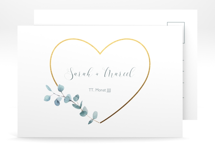 Antwortkarte Hochzeit Greenheart A6 Postkarte gold mit elegantem Herz und Eukalyptus-Zweig