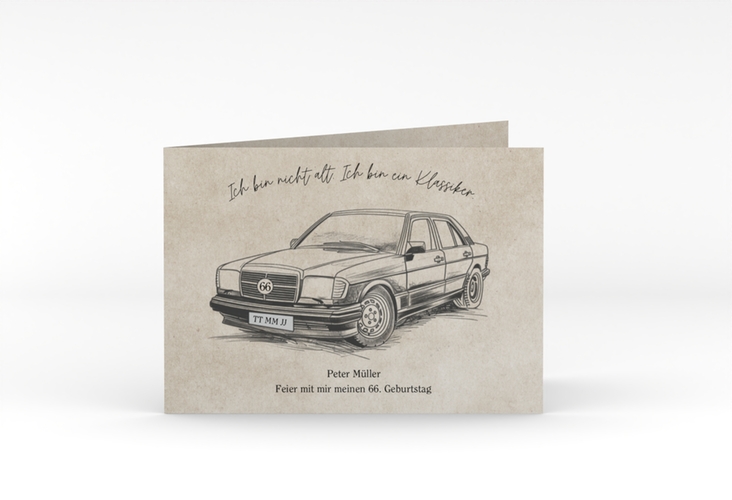 Einladung Geburtstag Oldtimer A6 Klappkarte quer beige