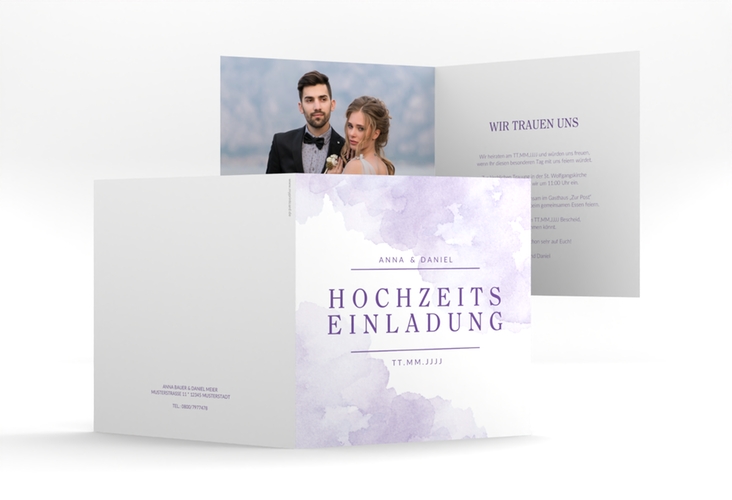 Hochzeitseinladung Blush quadr. Klappkarte lila