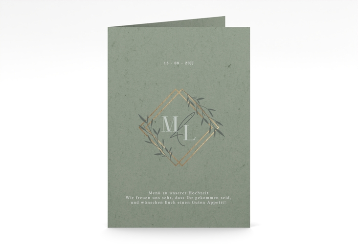 Menükarte Hochzeit Greenletter A5 Klappkarte hoch gruen mit Initialen in elegantem Goldrahmen mit Blättern
