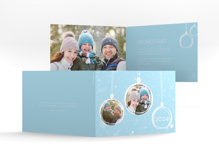 Weihnachtskarte Weihnachtskugel A6 Klappkarte quer blau hochglanz