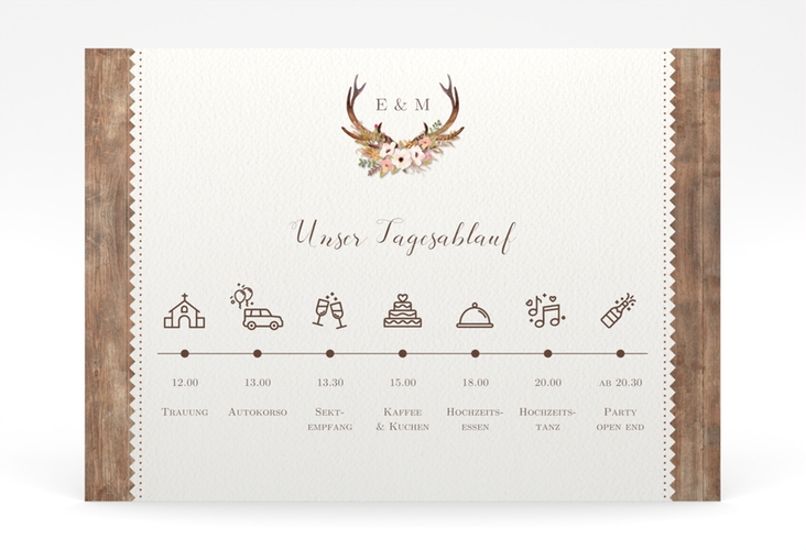 Tagesablauf Poster Hochzeit Heimatjuwel 70 x 50 cm Poster braun mit Hirschgeweih und Holz-Hintergrund