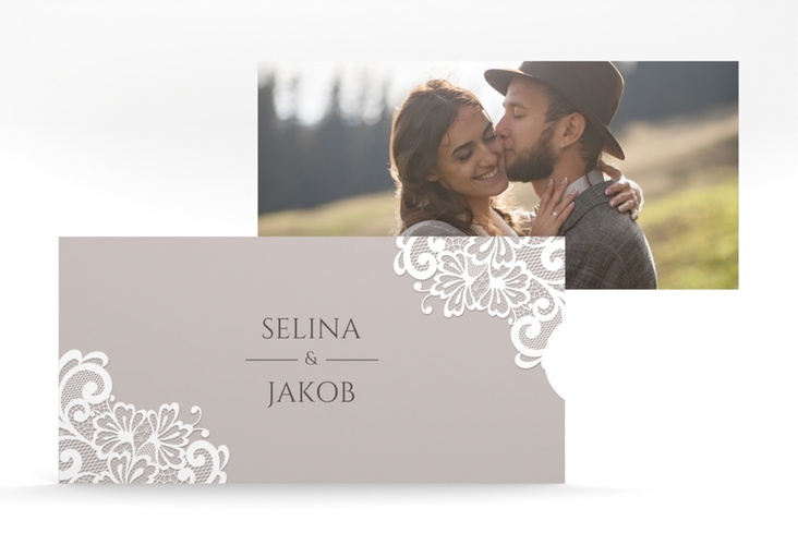 Hochzeitseinladung Vintage Einsteckkarte grau hochglanz mit floraler Spitze