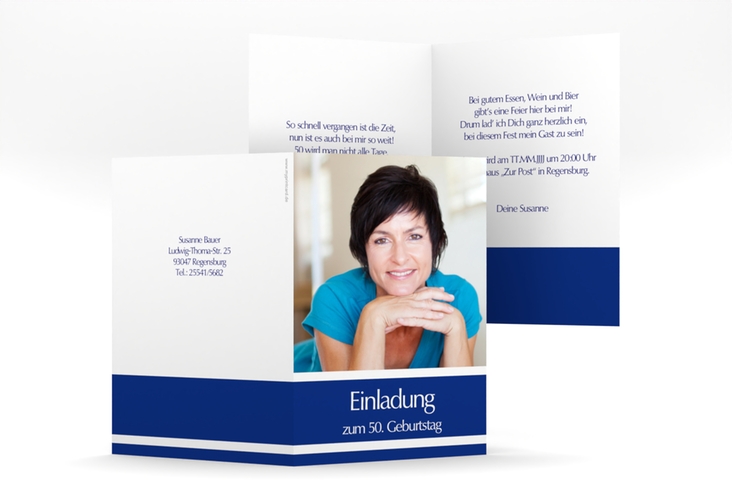 Einladung 50. Geburtstag Gerd/Gerda A6 Klappkarte hoch blau mit Foto