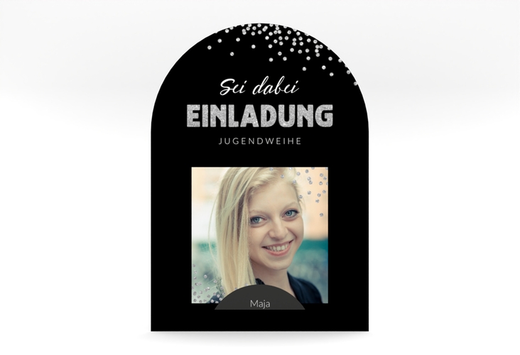 Einladungskarte Jugendweihe Glimmer mittlere Bogen-Karte + Foto grau