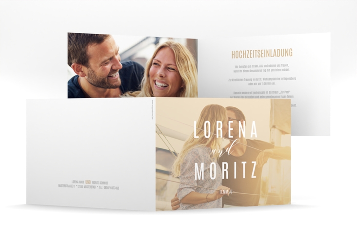 Hochzeitseinladung Memory mittlere Klappkarte quer beige hochglanz