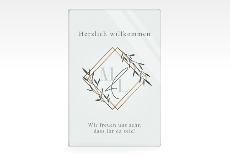 Willkommensschild Acryl Greenletter 40 x 60 cm Acryl gruen mit Initialen in elegantem Goldrahmen mit Blättern