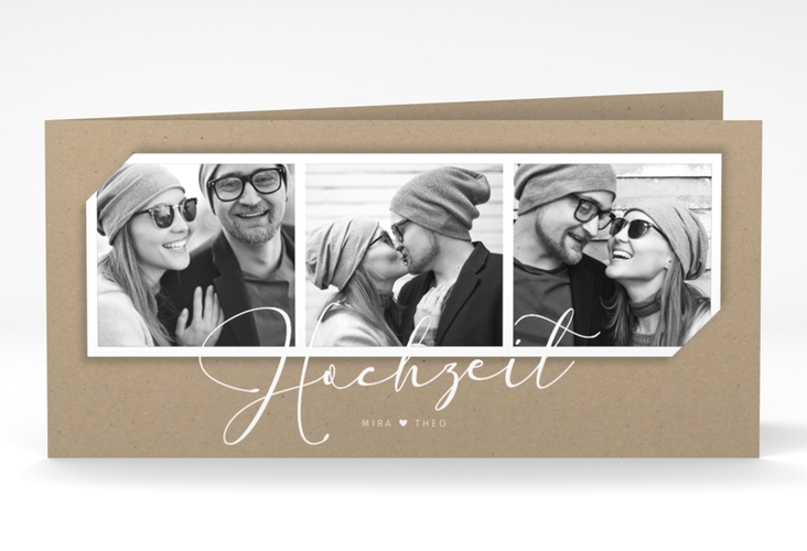 Hochzeitseinladung Crafty lange Klappkarte quer hochglanz mit drei Fotos