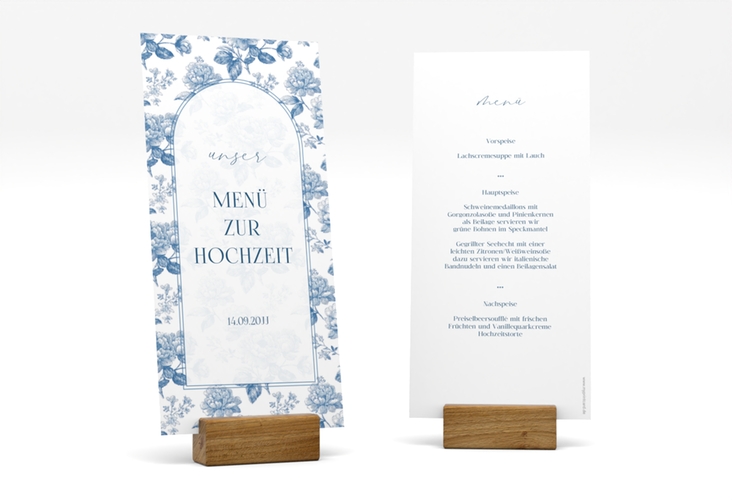 Menükarte Hochzeit Blue Floral lange Karte hoch mit blauem Blumenmuster auf weißem Grund