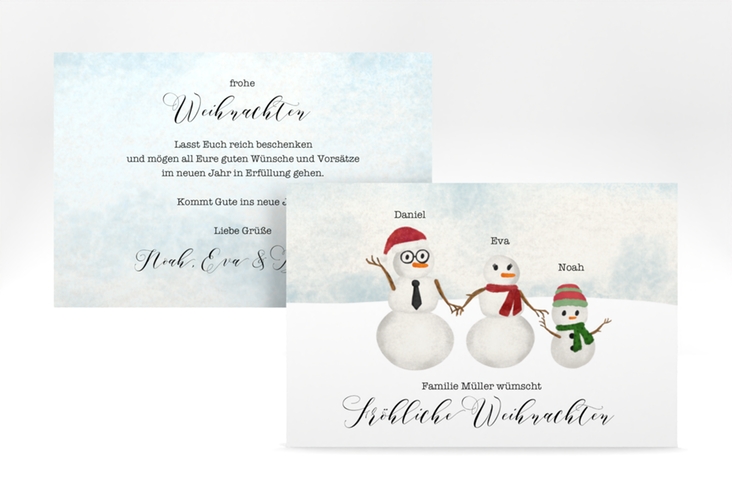 Weihnachtskarte Snowman Family A6 Karte quer für Weihnachtsgrüße mit Familienfoto