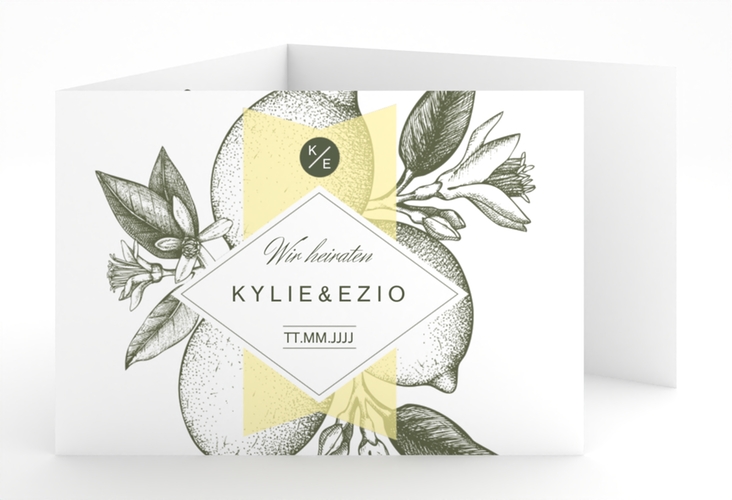 Hochzeitseinladung Lemon A6 Doppel-Klappkarte mit mediterranem Zitronen-Kupferstich