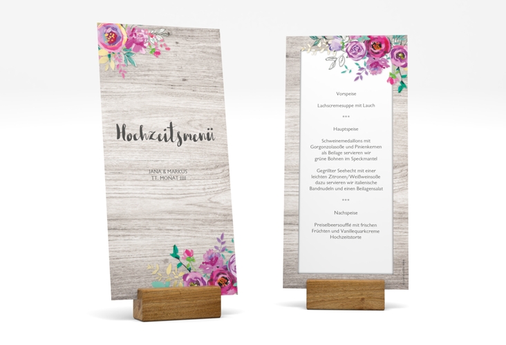 Menükarte Hochzeit Flourish lange Karte hoch weiss mit floraler Bauernmalerei auf Holz