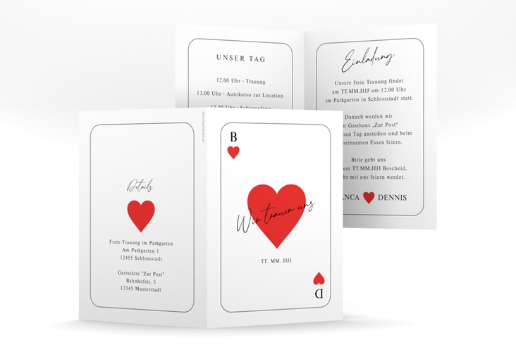 Einladungskarte Hochzeit Kartenspiel A6 Klappkarte hoch im Herz-Ass-Design eines Kartenspiels