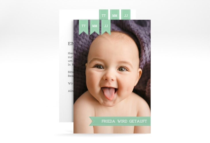 Taufeinladung Trust A6 Karte hoch gruen mit Baby-Foto